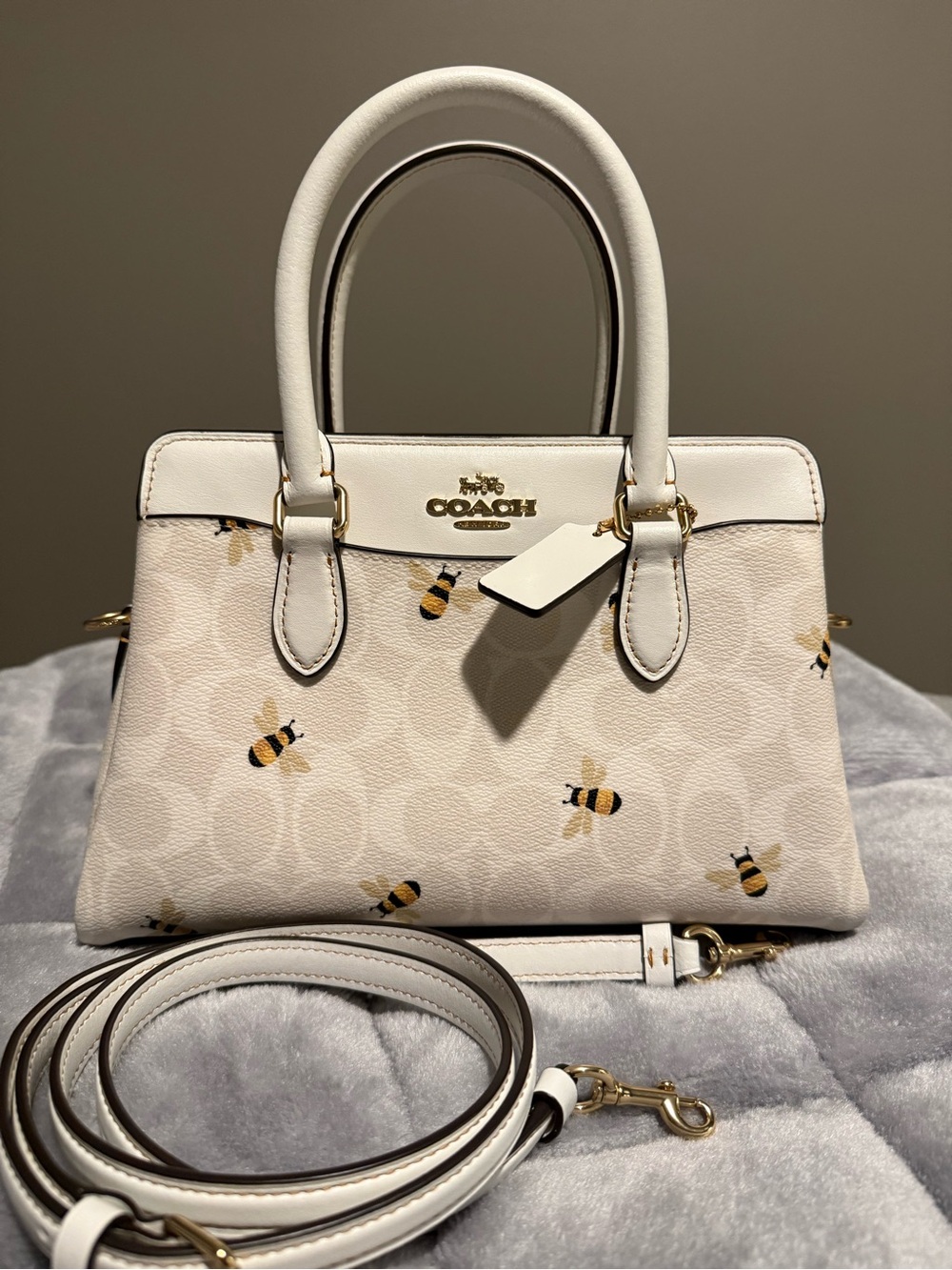 Coach White Mini Darcie Satchel / Crossbody with Bee Print and Gold Hardware